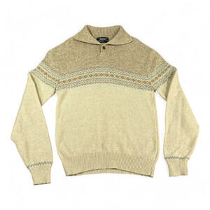 Vintage Jantzen Sweater Adult MEDIUM Brown Cream Fair Isle Mock Neck Collar 70s